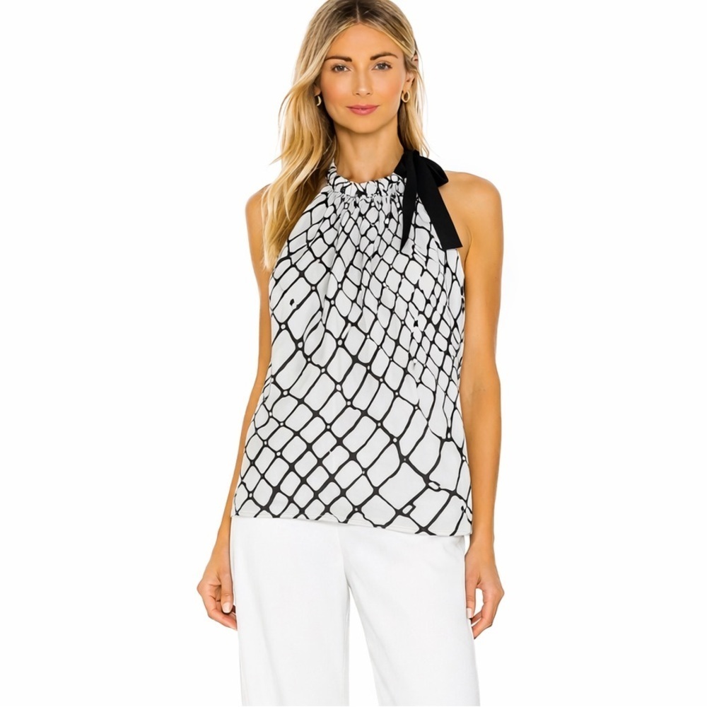 SoCa by St. John Silk One Shoulder Tie Blouse Small Black White Abstract Print